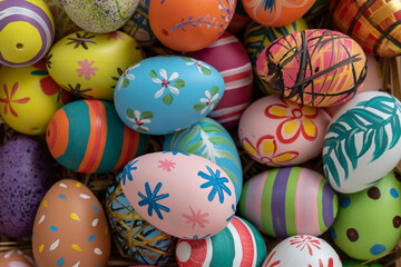 Fototapeta na wymiar Easter eggs on wooden background with copy space,Colorful and handmade paint on eggs for easter day traditional in Europe,Easter Day Concept