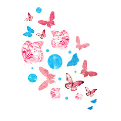 Flock of silhouette butterflies on white