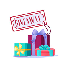 Giveaway gift concept for winners in social medias flat style design vector illustration. Internet give away poster for bloggers prize announcement random quizes flyer leflet on white background