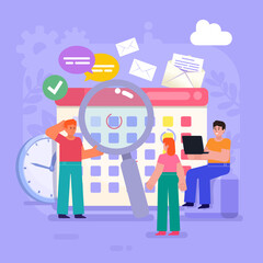 Obraz na płótnie Canvas Time management, business planning, task manager. Group of people stand near big calendar. Modern vector illustration