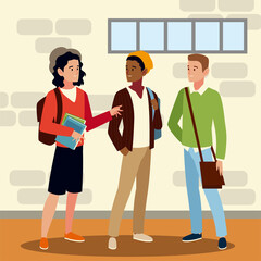 male students characters with backpacks in the hall image