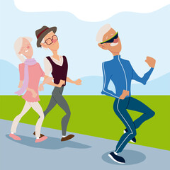 seniors active, old man jogging and elderly couple walking