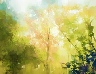 Illustration soft colorful forest and sky. Abstract spring season, outdoor landscape with yellow and green leaf on tree. Nature painting pastel design with watercolor paint. Modern art for background - 408208060