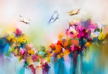 Abstract colorful oil, acrylic painting of butterfly flying over spring flower. Illustration hand paint floral blossom in summer or spring season, nature image for wallpaper or background.