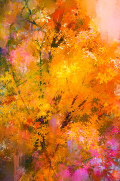 Oil painting colorful autumn season. Semi abstract image of forest, trees with yellow and red leaf with oil paint. Fall season nature background. Hand Painted Impressionist, outdoor landscape