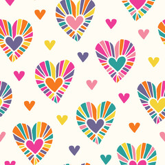 Fototapeta premium Valentine's Day Holiday Hand-Drawn Doodle Psychedelic Colorful Hearts on Cream Background Vector Seamless Pattern. Retro Bright Whimsical Feminine Print for Fashion, Packaging, Wrapping