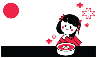 cute japanese girl cartoon eat noodle