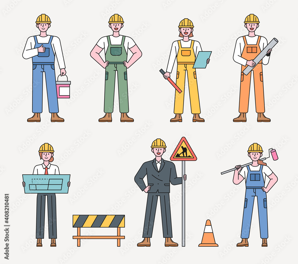 Poster worker character at construction site. construction workers in various positions stand with their ow