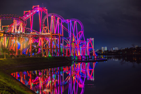 The stunning roller coaster lights up at night