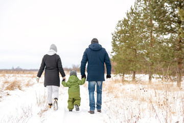A family walk in winter through the park. Family dad, mom and baby go for the hand.