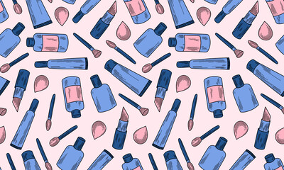 Vector illustration of beauty accessories and skin care products. Face and body care concept. Outline or doodle drawing