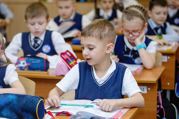 Pupils at desks in class on lesson
