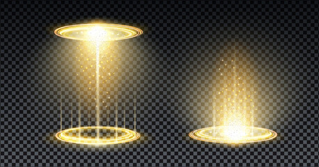 Gold hologram portal. Magic fantasy portal. Magic circle teleport podium with hologram effect. Vector gold glow rays with sparks on transparent background. - obrazy, fototapety, plakaty
