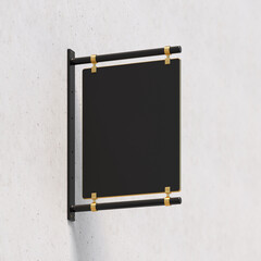 Obraz premium Black metal and gold of sign board hanging on cement wall. Concept for logo and shop present. 3D illustration