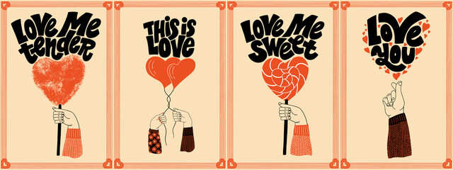 Vector card set for valentines day. Romantic collection for social media, print, t-shirt, card, poster, gift, landing page, web design elements. Hand-drawn lettering typography. Doodle illustration.