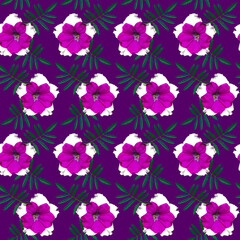 Seamless pattern with violet Petunia flowers and green leaves on purple background. Endless colorful floral texture. Raster illustration.