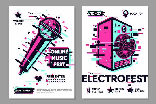 Online party vector banner. Posters set with microphone and audio system. Event show background, electronic style. Glitch trendy illustration. Dance festival banner template.