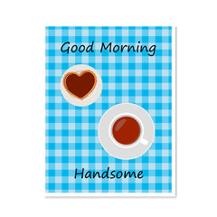 Greeting card with cup of tea and heart shaped cookies. Valentines day. Cartoon flat style