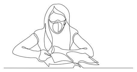 continuous line drawing of girl reading book wearing face mask