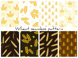Set of vector wheat patterns; cereal backgrounds for wrapping paper, fabric, packaging, textile. - 408214486