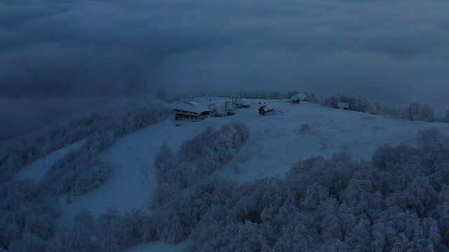 Consequences of lockdown for tourism. Empty ski lift at dawn.