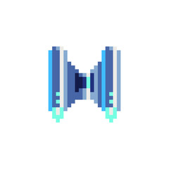 Video game spaceship. Pixel art style icon. Sci-fi game logo. Sticker design. 8-bit sprite. Old school computer graphic style. Isolated vector illustration.  