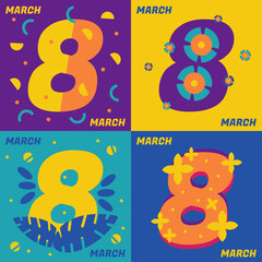 Set of postcards Women's Day, March 8. Vector illustration with flowers, elements on a solid background. Suitable for social media, mobile apps, marketing materials.