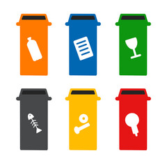 Set waste containers. Flat containers for recyclable materials, waste bins for sorting waste. Types of baskets and rubbish vector illustration.