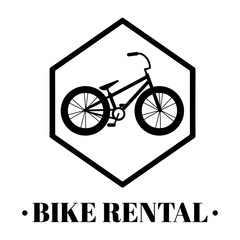 Fototapeta na wymiar Bicycle rental icon, logo. Vector illustration with bike and text in black and white. Suitable for social media, mobile apps, marketing materials.