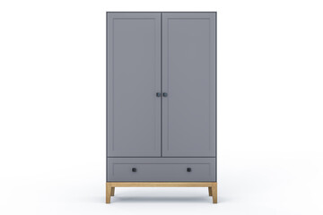 3D illustration. Grey modern design wardrobe with decorative black metal handles isolated on white background. Solid oak wood legs. Frame facades. Two doors and one drawer.
