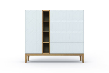 3D illustration. White modern design chest of drawers isolated on white background. Solid oak wood legs. Rhombus ornament on doors. Scandinavian style. Open shelves. Milled facades.