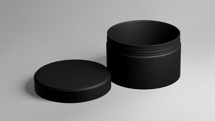 Black Plastic Cosmetic Jar Mockup, Dark beauty make-up Container 3D Rendering isolated on light background