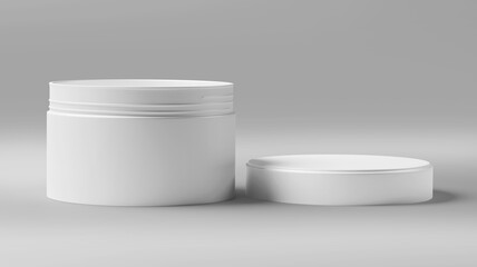 White Plastic Cosmetic Jar Mockup, Blank beauty make-up Container 3D Rendering isolated on light background