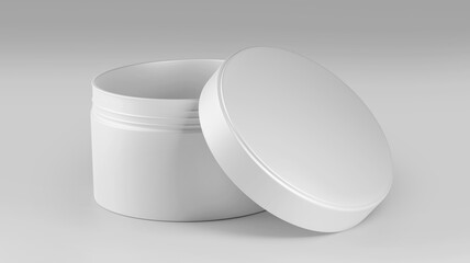 White Plastic Cosmetic Jar Mockup, Blank beauty make-up Container 3D Rendering isolated on light background