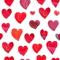 Watercolor collage seamless pattern with multicolor hearts and thin line text isolared on white background. Happy Valentine's Day theme.