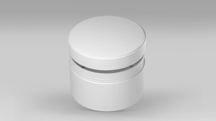 White Plastic Cosmetic Jar Mockup, Blank beauty make-up Container 3D Rendering isolated on light background