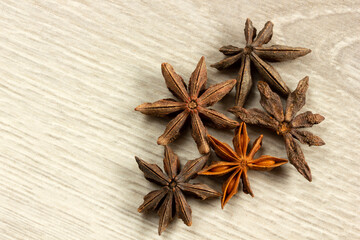 Star anise exotic spice on a wooden table