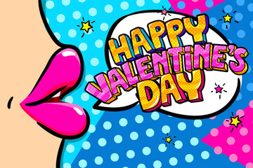 Happy Valentine's day lettering in pop art style. Concept of love.
