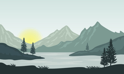 Amazing nature scenery at sunrise on the river bank. Vector illustration