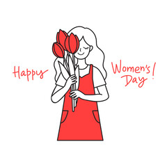 Smiling girl with a bouquet of tulip flowers in hands. Hand-drawn doodle style illustration with lettering for women's day concept. Isolated vector line art for card, social media, or sticker.