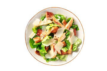 Caesar salad with grilled chicken, green lettuce and Parmesan, isolated on a white background with a clipping path