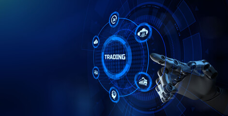 AI Robotic trader financial forex trading automation concept. Robotic arm 3d rendering.