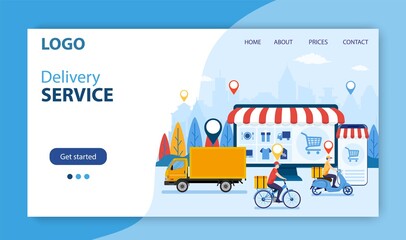 Online delivery service landing page. Internet shipping web banner. Transportation and logistic digital shopping and concept. Vector illustration in flat style