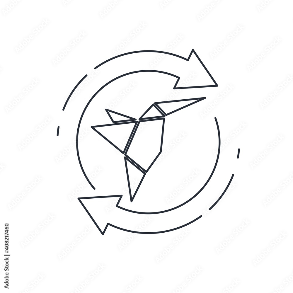 Poster paper bird and movement arrows. creative impulse. vector linear icon isolated on white background.