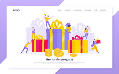 Earn loyalty program points and get online reward and gifts. Get loyalty card and customer service business concept flat design vector illustration. Tiny people with big card and money.