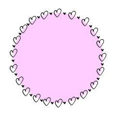 Hand drawn round frame, border from black outline hearts. Simple romance symbol of love, background, decoration for invitation, Valentine's day, greeting card, wedding