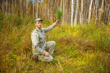 Naklejka na ściany i meble The forester holds young tree seedlings in his hands. The concept of reforestation after felling.