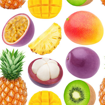 Multicolored endless pattern made with exotic fruits isolated on white background.