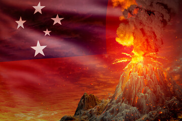 Fototapeta na wymiar conical volcano eruption at night with explosion on Samoa flag background, troubles because of natural disaster and volcanic earthquake conceptual 3D illustration of nature