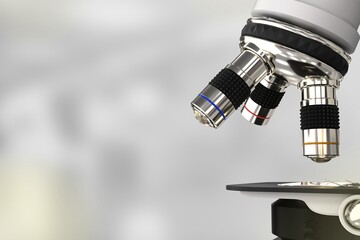 cell analyzing concept, laboratory electronic scientific microscope on selective focus background - object 3D illustration